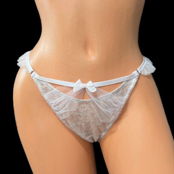 Victorias Secret Sexy Metallic mesh , tulle V- string thong panty lavender L - Picture 2 of 4